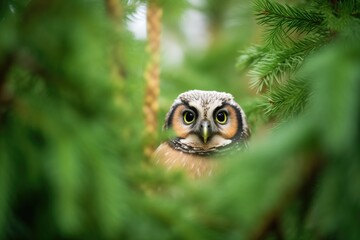boreal owl staring from spruce opening
