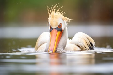 pelican with beak pouch bulging, wading in shallow water - obrazy, fototapety, plakaty