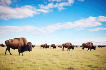 Fototapeta premium bison herd grazing on grassland under blue sky
