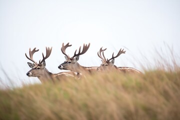 Naklejka na ściany i meble group of caribou resting together on a hill