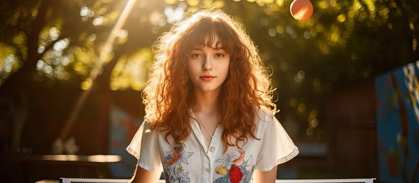 Teen girl playing ping pong outdoors with ball and racket. - Powered by Adobe