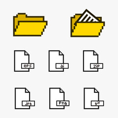 Fototapeta na wymiar Folder and file icon pixel art, set of pixel icon file folders web 8bit style.