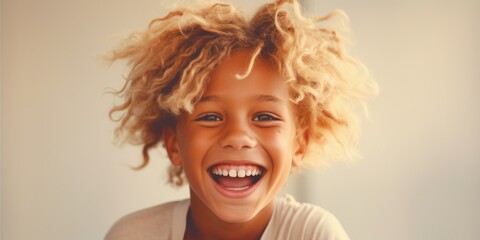A portrait of a little girl with blonde hair smiling for the camera. Perfect for family, happiness, and childhood themes - obrazy, fototapety, plakaty