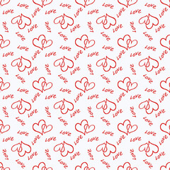 Seamless pattern of contour loving red hearts on a white background, lettering love