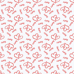 Seamless pattern of contour loving red hearts on a white background, lettering love