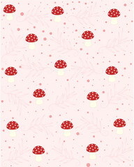 Groovy background with Floral graphic and mushrooms . Seamless pattern, retro 60s, 70s hippie style fun wallpaper. Vintage meadow, wonderland. Tricky textile, fabric, wrapping, wallpaper, background.