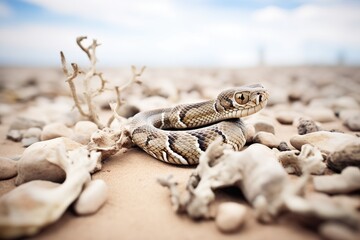 rattlesnake camouflaged among desert stones - obrazy, fototapety, plakaty