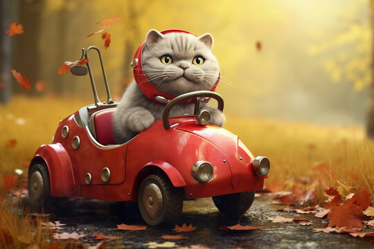 funny cat traveling by pedal car in autumn