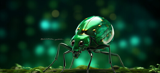 A green bug with a big round ball on its head