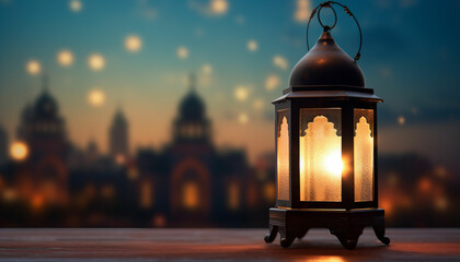 an islamic lantern with a blurred mosque in the background for al fitr and adha eid