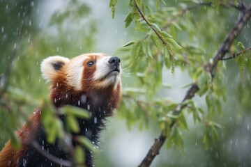 red panda during a light rain in a willow tree