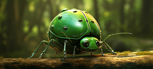 A green bug with a big round ball on its head