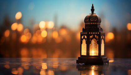Obraz premium an islamic lantern with a blurred mosque in the background for al fitr and adha eid