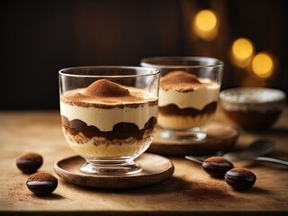 Tiramisu dessert served in a glass cup on a wooden background, Classic tiramisu dessert in a glass cup on wooden background, glass of coffee with chocolate