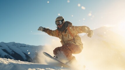 A man riding a snowboard down a snow covered slope. Great for winter sports and outdoor adventure...