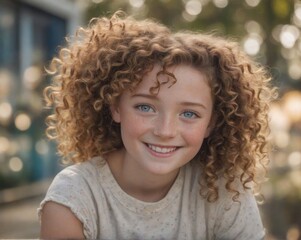 Young smiling curly teenage girl outdoor