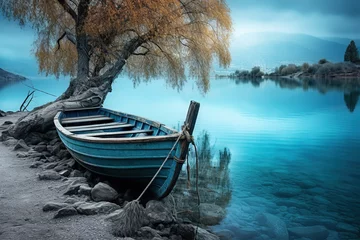 Zelfklevend Fotobehang blue rustic wooden boat on the jetty at the lake © arhendrix