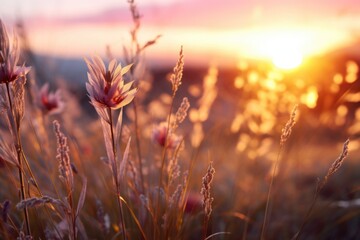 A beautiful sunset over a vibrant field of flowers. Perfect for nature lovers and landscape enthusiasts
