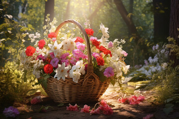 Fototapeta na wymiar Basket of flowers in the sunlight