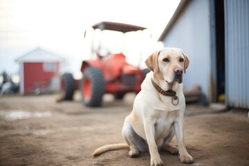 labrador near farm equipment shed