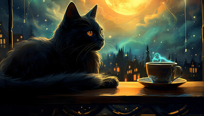 a black cat glitter coffee and crescent moon in glowing starry night