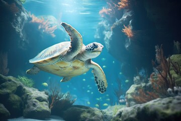 Obraz na płótnie Canvas sea turtle near an underwater cave entrance