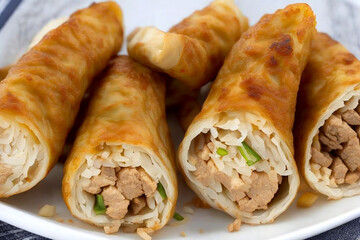 Fried spring roll in a plate on wooden background