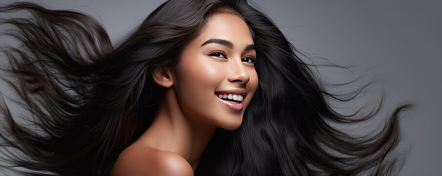 A close up of portrait beutiful young brunette woman with long curly hair.