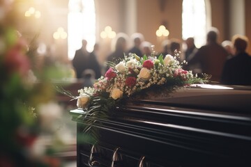 A casket adorned with flowers placed inside a church. Suitable for funeral or memorial service concepts - obrazy, fototapety, plakaty