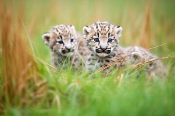 snow leopard cubs sneaking up on their mother - obrazy, fototapety, plakaty