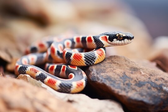 kingsnake warming itself on a sandstone rock