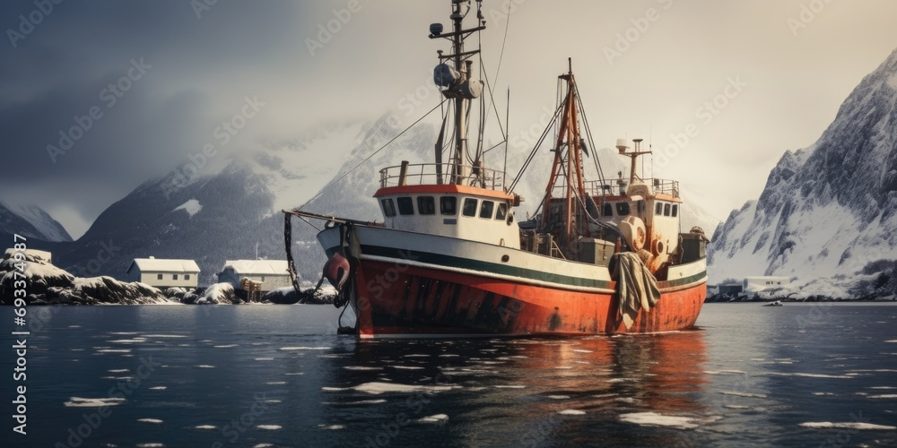 Poster A picture of a red and white boat floating on a body of water. Suitable for various uses
