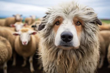 Fotobehang shepherd dog amidst sheep flock © studioworkstock