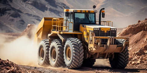 Heavy-duty machinery in action at a dusty lithium mining site, with a large industrial yellow dump truck transporting materials in a rugged terrain