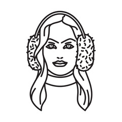 Beautiful young woman portrait with earmuffs vector line icon for Earmuff Day on March 13. Fashion and accessories outline symbol.