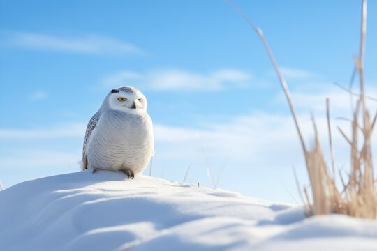 snowy owl perched on a snow-drift