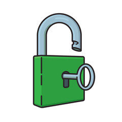 Opened green padlock with key isolated vector illustration for Freedom of Information Day on March 16. Accessibility symbol.