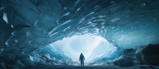 Person exploring stunning ice cave in Iceland.