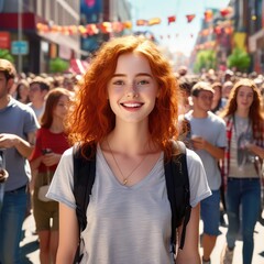 Fototapeta na wymiar Happy girl on vacation.Smiling girl in the city. Happy student girl on vacation.
