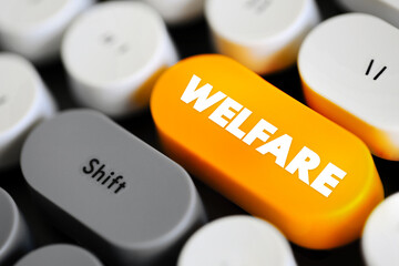 Welfare is a type of government support intended to ensure that members of a society can meet basic human needs, text concept button on keyboard - obrazy, fototapety, plakaty