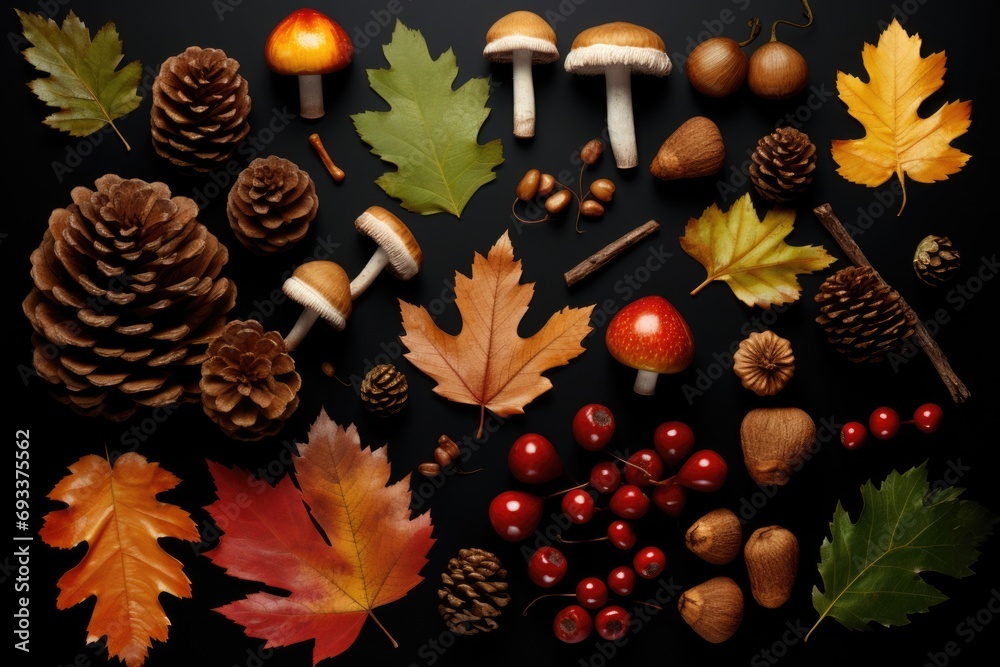 Poster A collection of different types of leaves and mushrooms. Ideal for nature enthusiasts and botanical projects