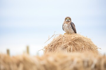harrier hawk perched on a haystack, farm view - obrazy, fototapety, plakaty