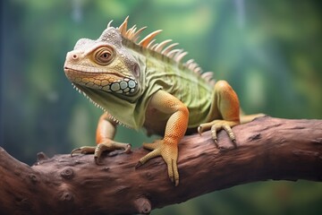green iguana perched on a tropical tree branch