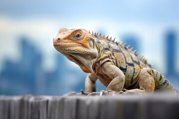 Obraz premium iguana climbing with a cityscape background