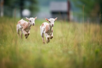 Obraz premium goat kids chasing each other in grass