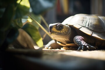 tortoise in shadow with sunlit leaf