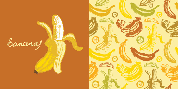 Color banana pattern seamless for banner template. Banana wallpaper. Tropical ornament with crayon texture. Vector bananas background.