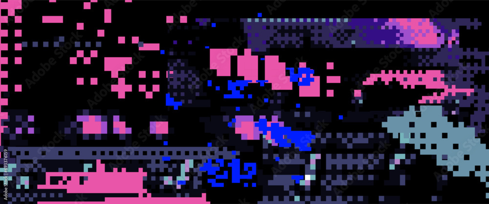 Poster Abstract glitched background with VHS pixel compression artifacts. Lo-fi vector texture.