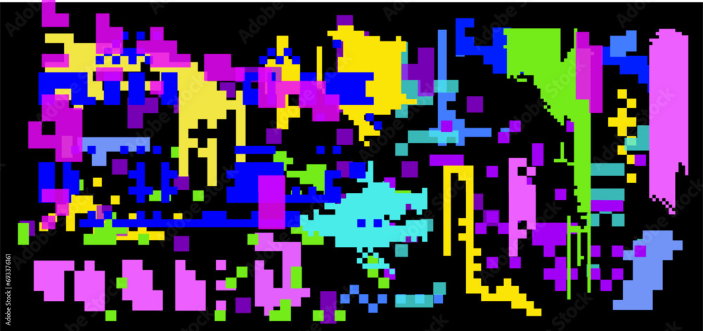 Poster Abstract glitched background with VHS pixel compression artifacts. Lo-fi vector texture.