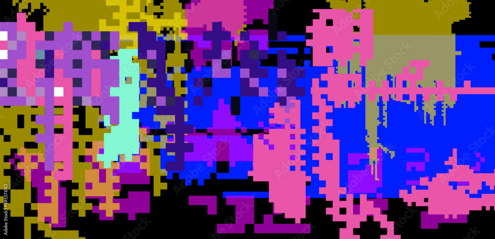 Poster Abstract glitched background with VHS pixel compression artifacts. Lo-fi vector texture.